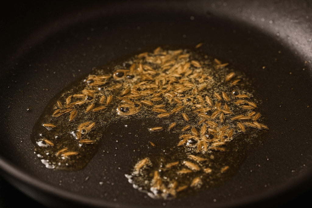 Close-up shot of hot pan with cumin seeds sizzling in oil."