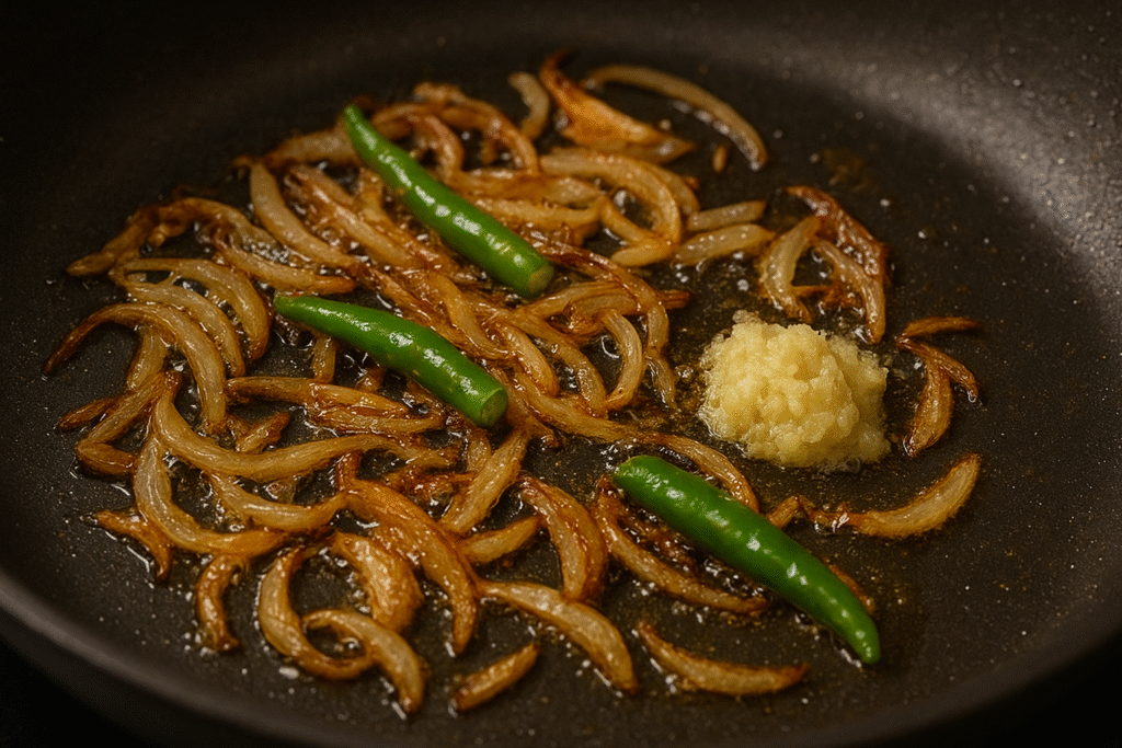 Golden fried onions with green chilies and ginger-garlic paste in a pan