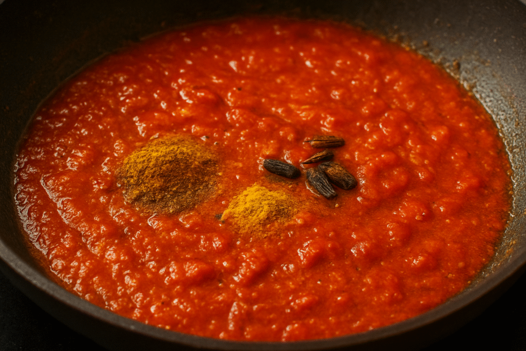 Rich red tomato curry base cooking with spices in pan